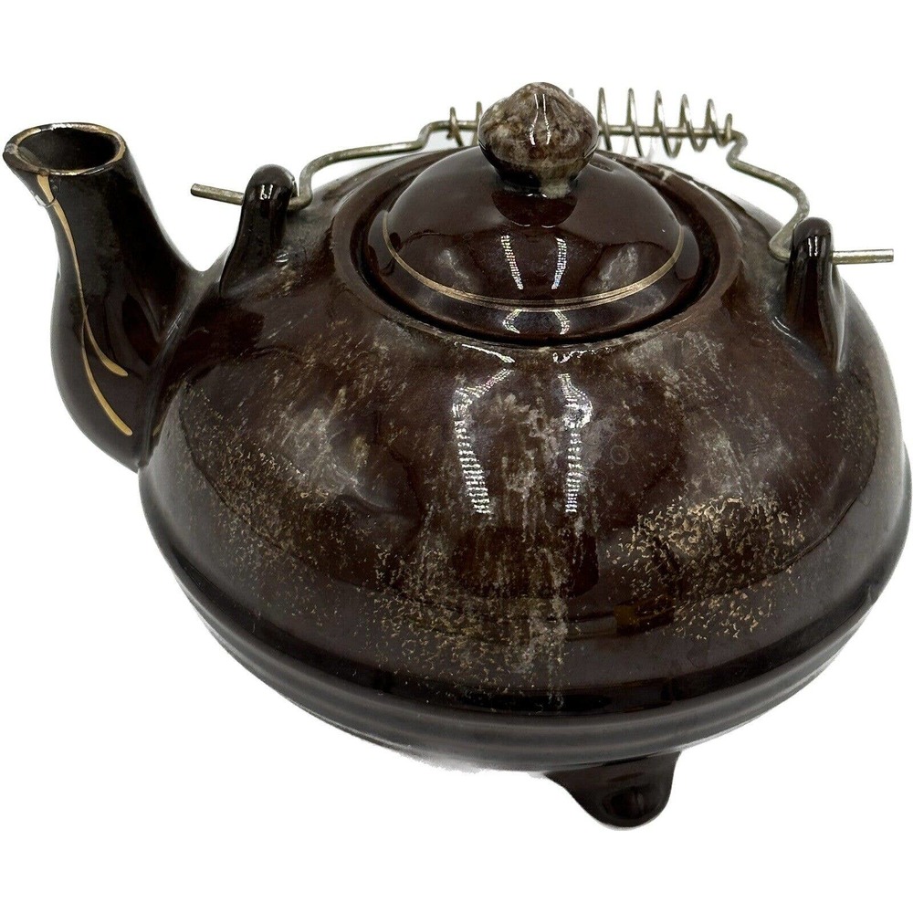 Vintage Teapot Brown‎ Glazed Pottery Ceramic Redware Wire Handle Gold Trim Brush